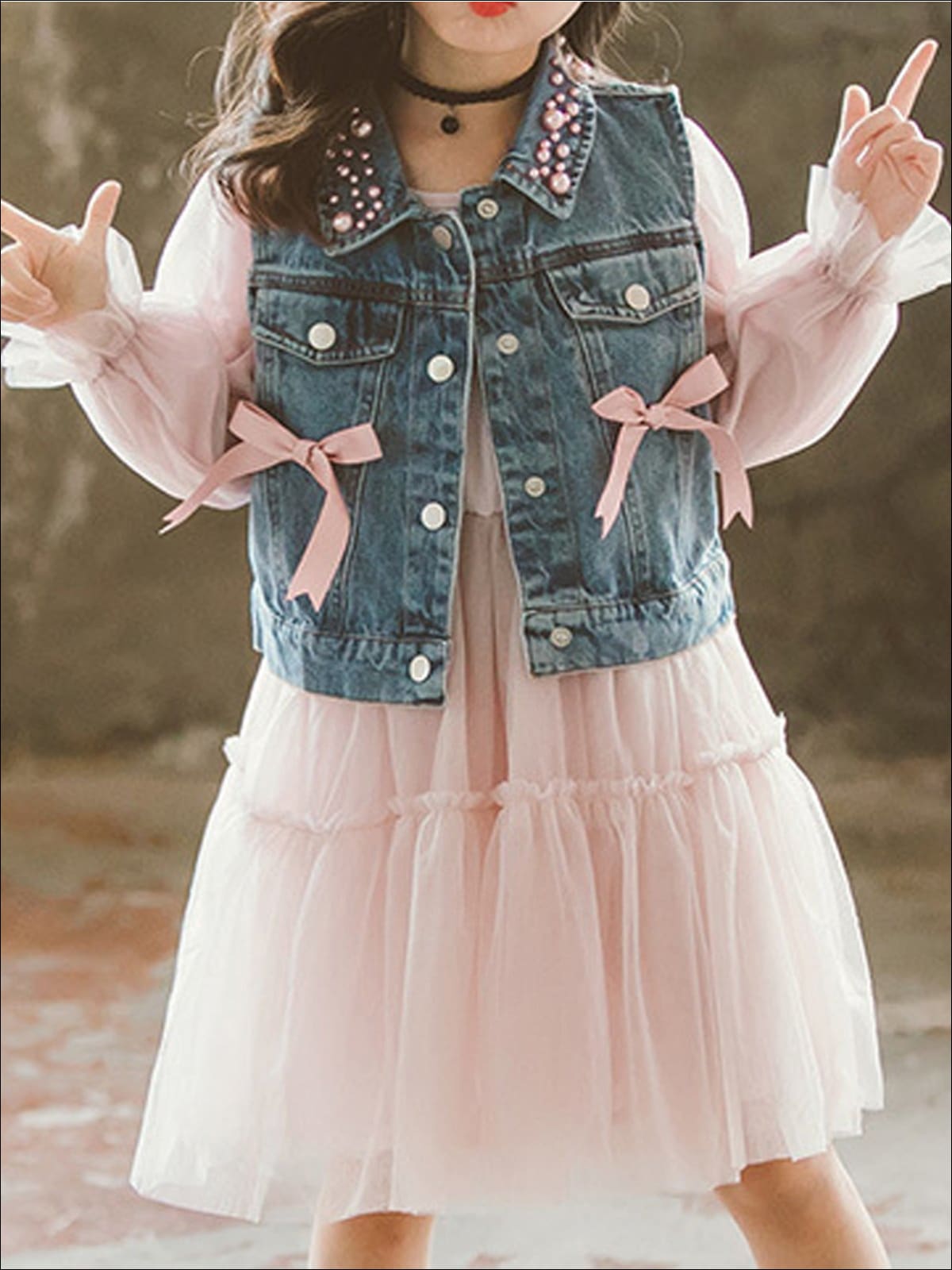 Girls Pink Long Sleeve Tutu Dress with Pearl Embellished & Bow Denim Vest - Pink / 3T - Girls Fall Casual Dress