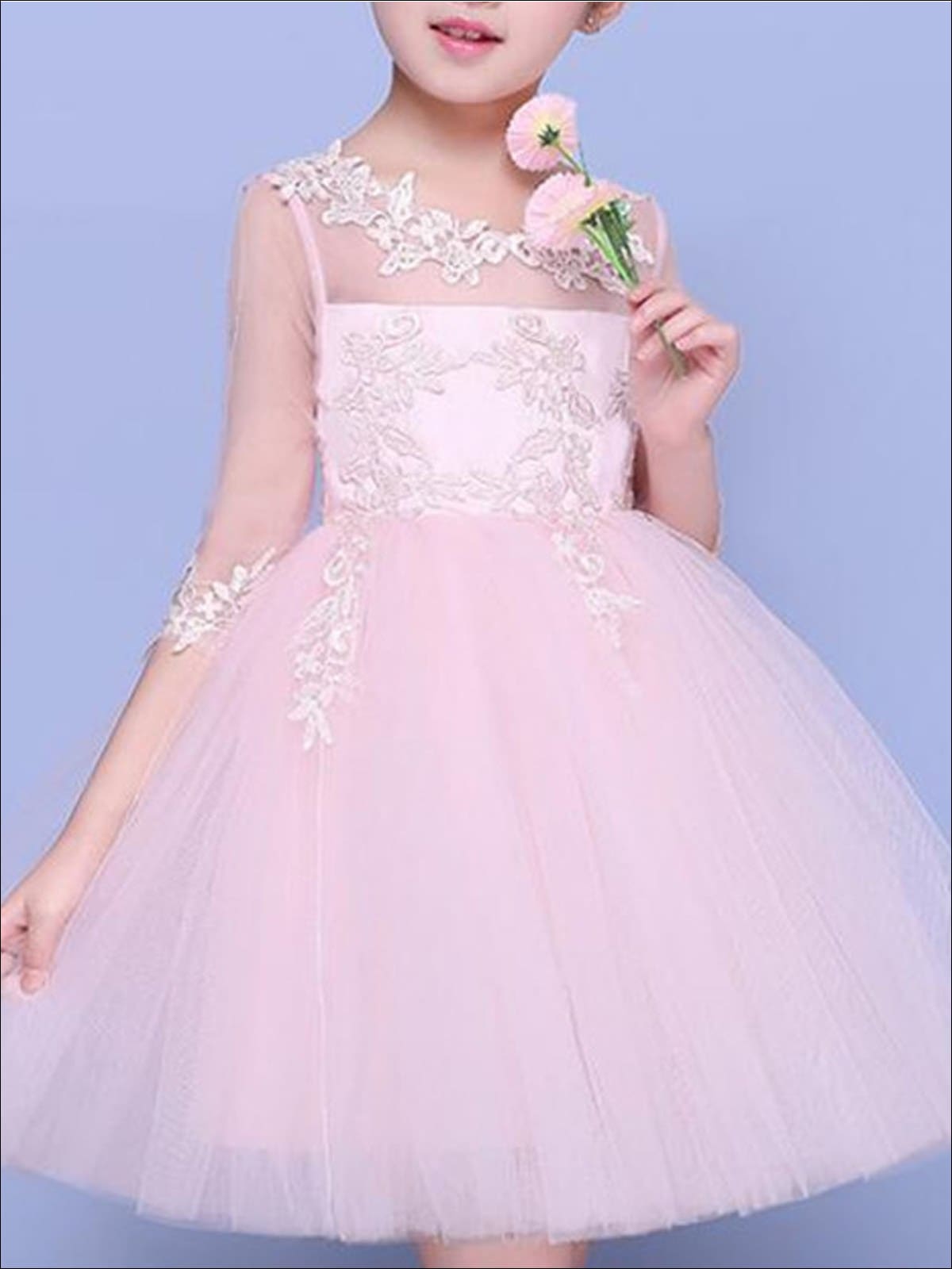 Girls Pink Mesh Long Sleeve Lace Embroidery Communion & Flower Girl Party Dress - Pink / 2T - Girls Gown