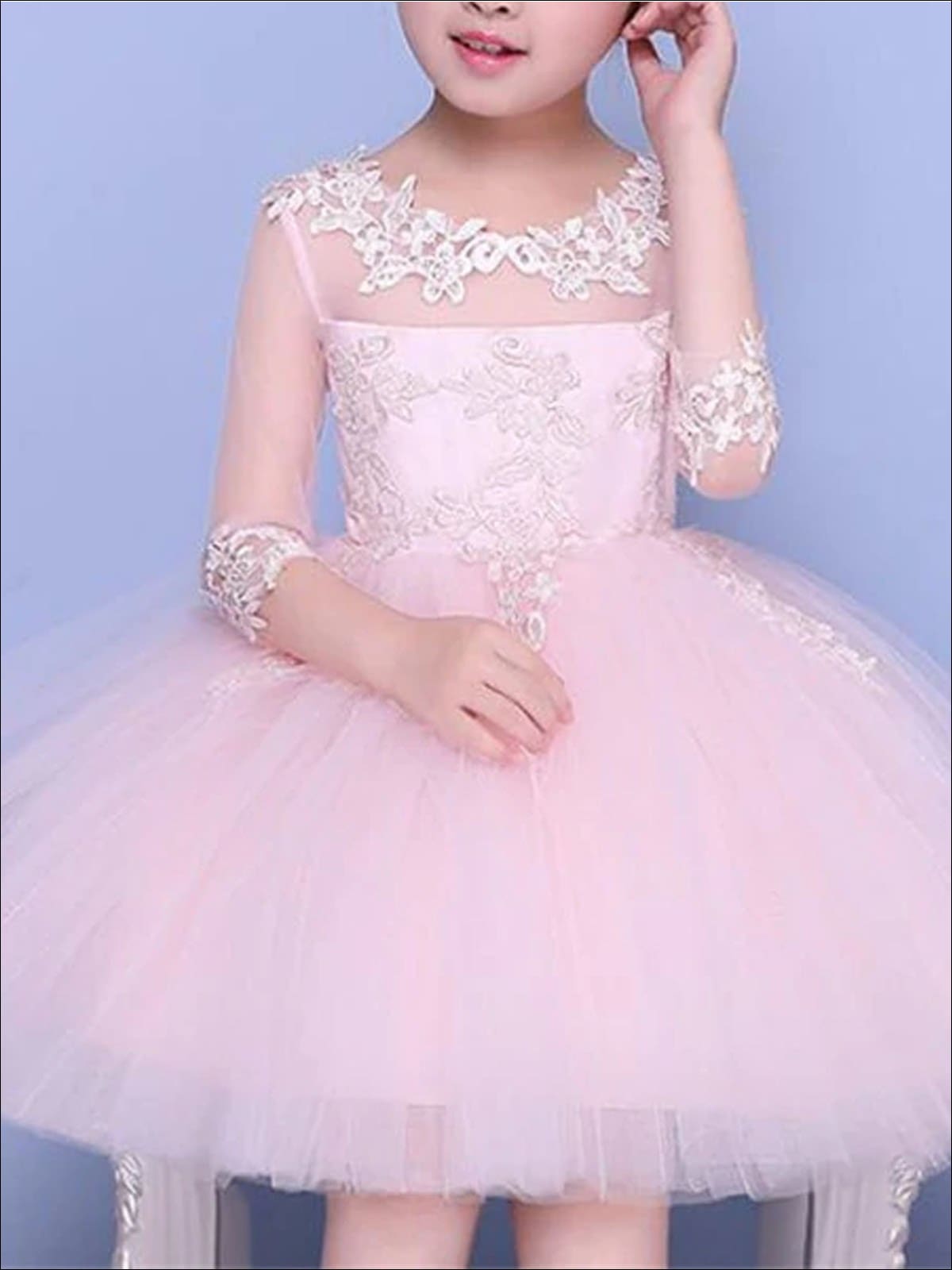 Girls Pink Mesh Long Sleeve Lace Embroidery Communion & Flower Girl Party Dress - Girls Gown