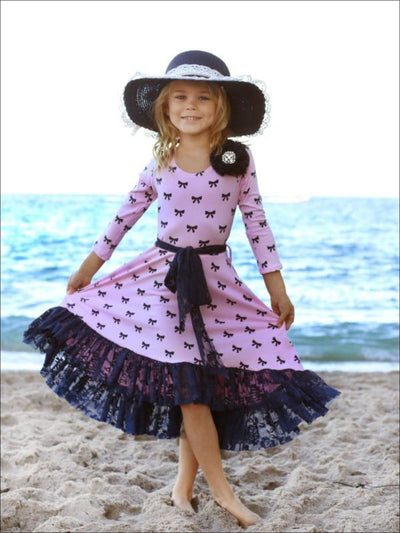 Girls Pink & Navy Bow Print Twirl Princess Dress with Lace Ruffle - Girls Spring Dressy Dress