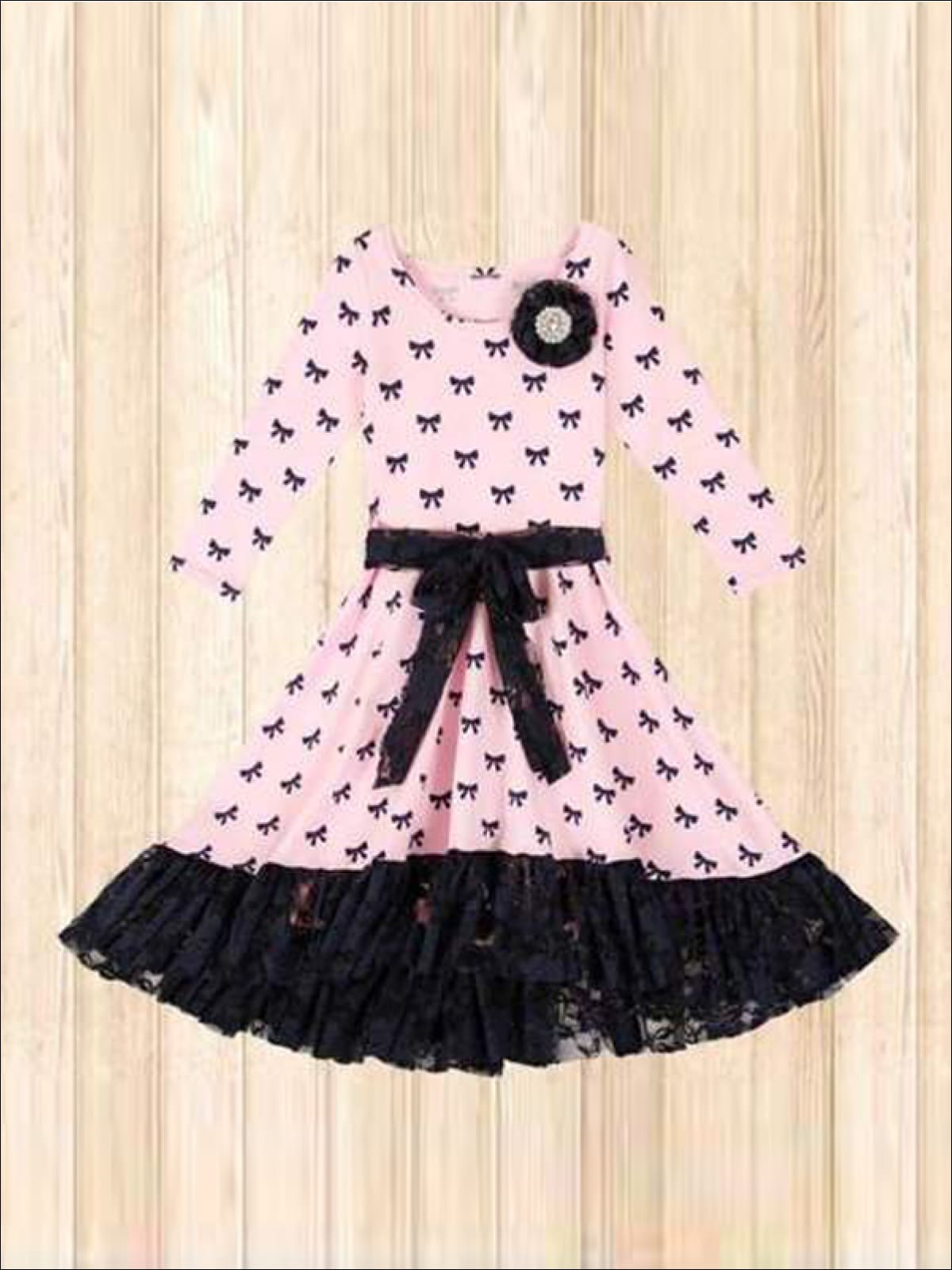 Girls Pink & Navy Bow Print Twirl Princess Dress with Lace Ruffle - Girls Spring Dressy Dress
