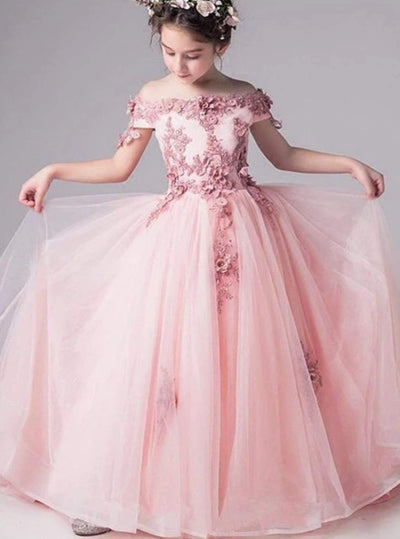 Girls Pink Off the Shoulder Floral Embroidered Flower Girl & Pageant Floor Length Dress - Girls Gown