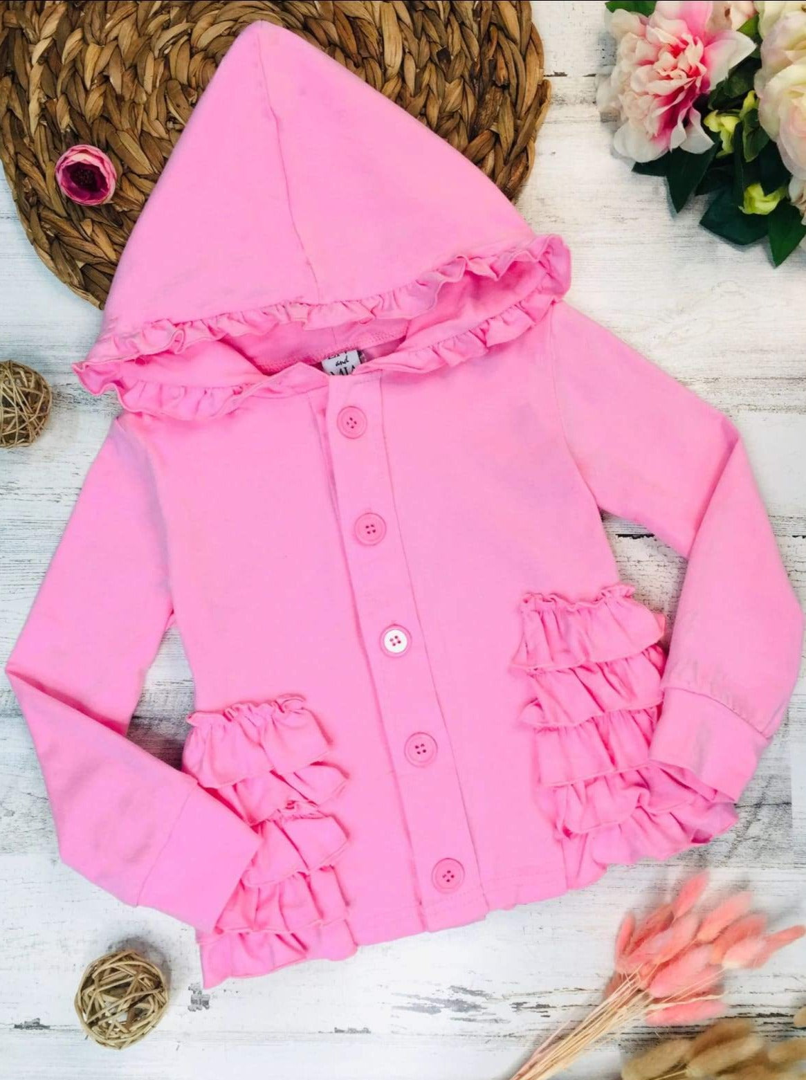 Sweaters & Cardigans | Pink Ruffle Hooded Cardigan | Mia Belle Girls