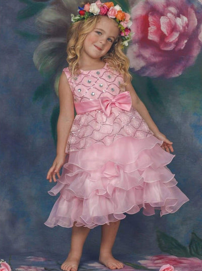Girls Pink Princess Cascading Ruffle Flower Embroidery Party Dress with Bow - Girls Fall Dressy Dress