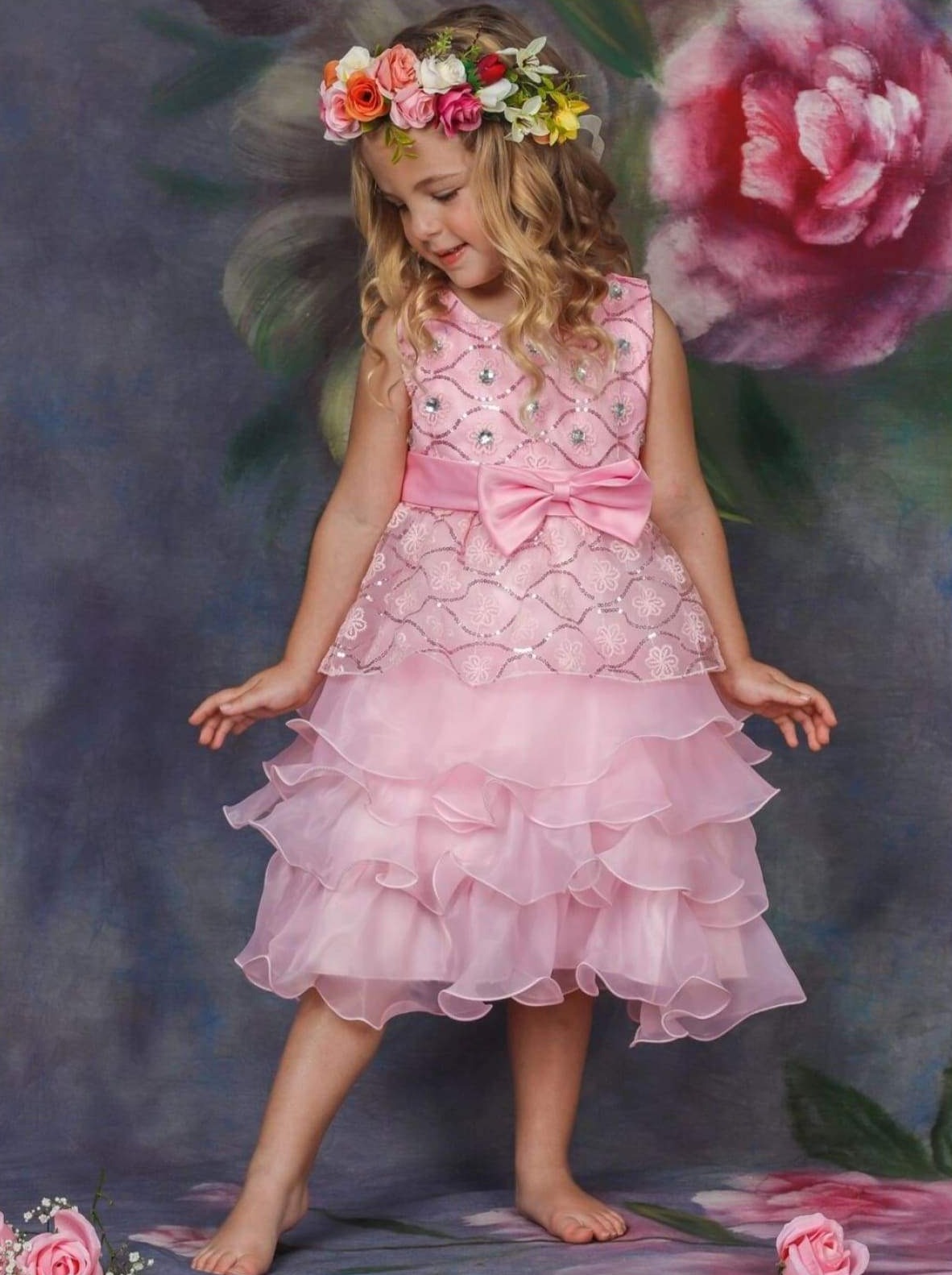Girls Pink Princess Cascading Ruffle Flower Embroidery Party Dress with Bow - Girls Fall Dressy Dress