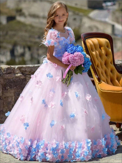 Girls Pink Puffy Sleeve Flower Applique Tulle Flower Girl Gown - Pink / 2T - Girls Flower Girl Dress