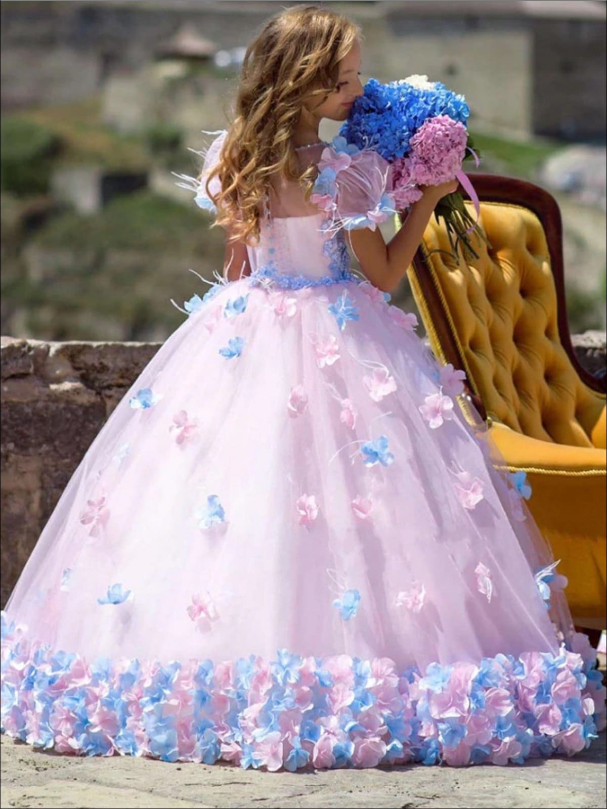 Girls Pink Puffy Sleeve Flower Applique Tulle Flower Girl Gown - Girls Flower Girl Dress