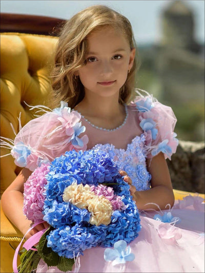 Girls Pink Puffy Sleeve Flower Applique Tulle Flower Girl Gown - Girls Flower Girl Dress