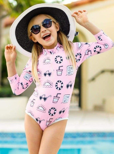 Toddler Rash Guard Swimsuit | Girls Retro Zippered One Piece Swimsuit