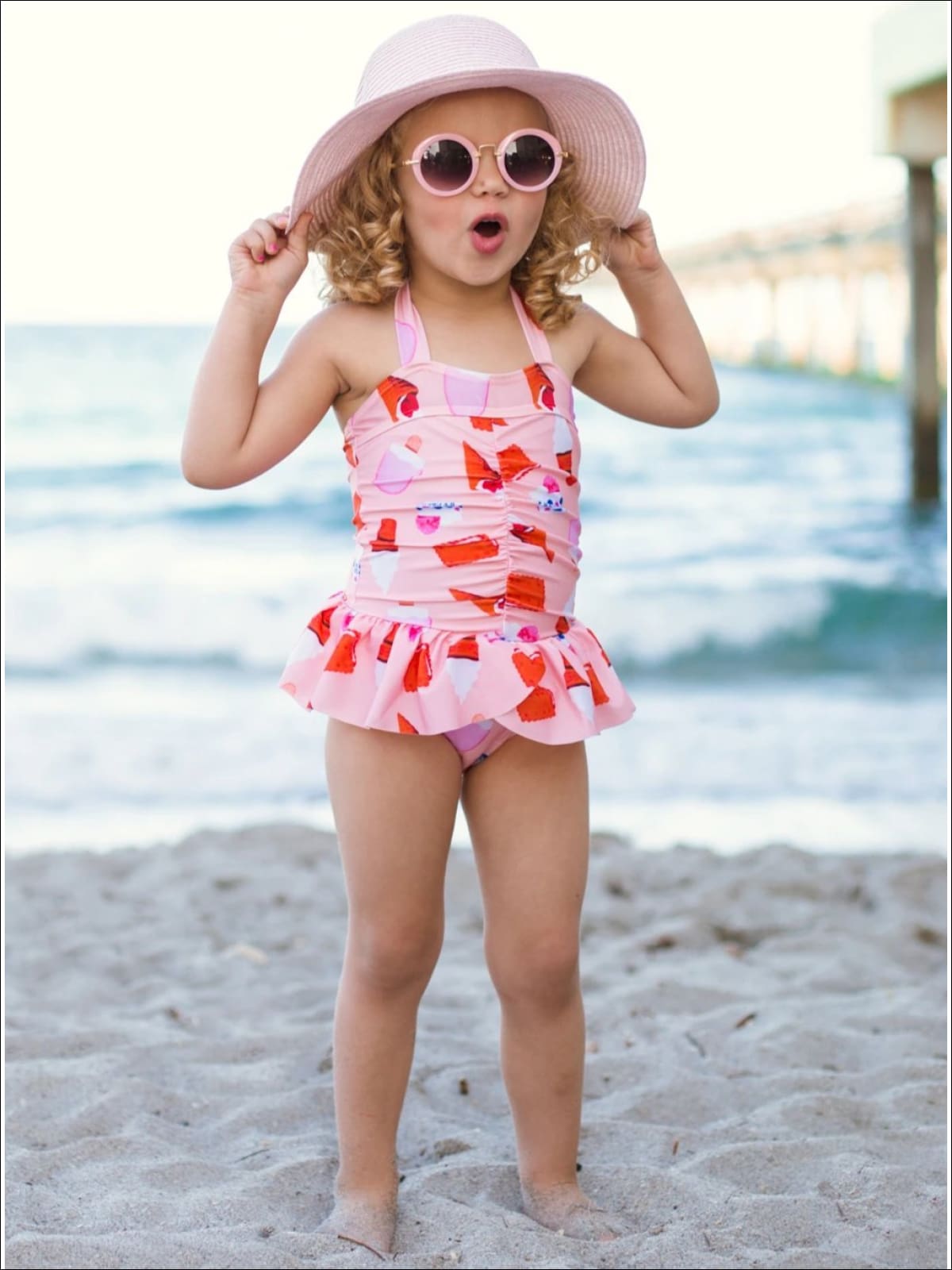 Girls Pink Skirted Ice Cream Cone Print Halter One Piece Swimsuit - Girls One Piece Swimsuit