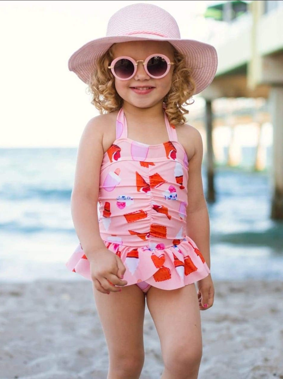 Girls Pink Skirted Ice Cream Cone Print Halter One Piece Swimsuit - Pink / 3T - Girls One Piece Swimsuit