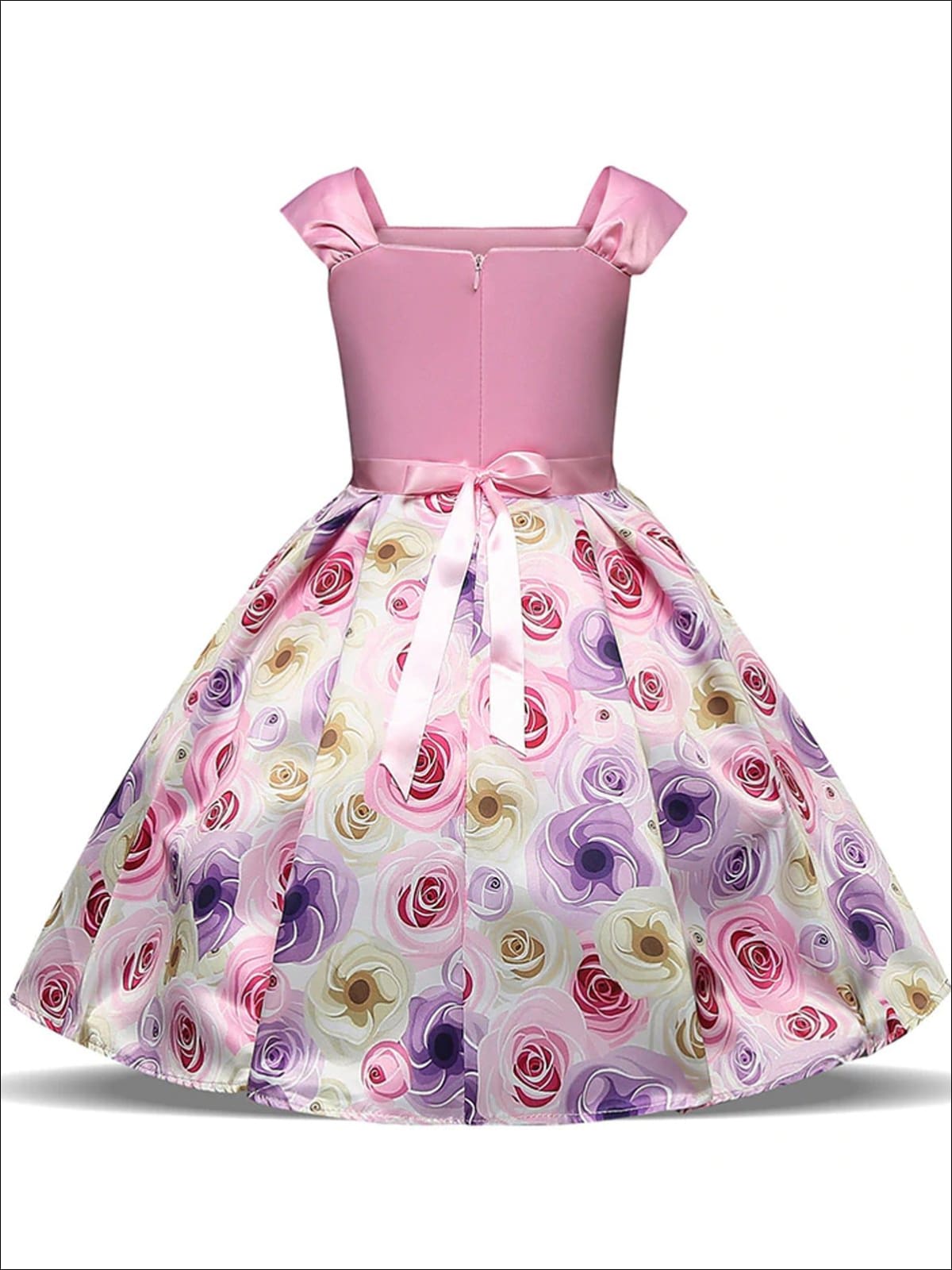 Girls Pink Sleeveless Floral Skirt Bow Applique Special Occasion Dress - Girls Spring Dressy Dress