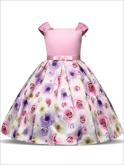 Girls Pink Sleeveless Floral Skirt Bow Applique Special Occasion Dress - Pink / 3T - Girls Spring Dressy Dress