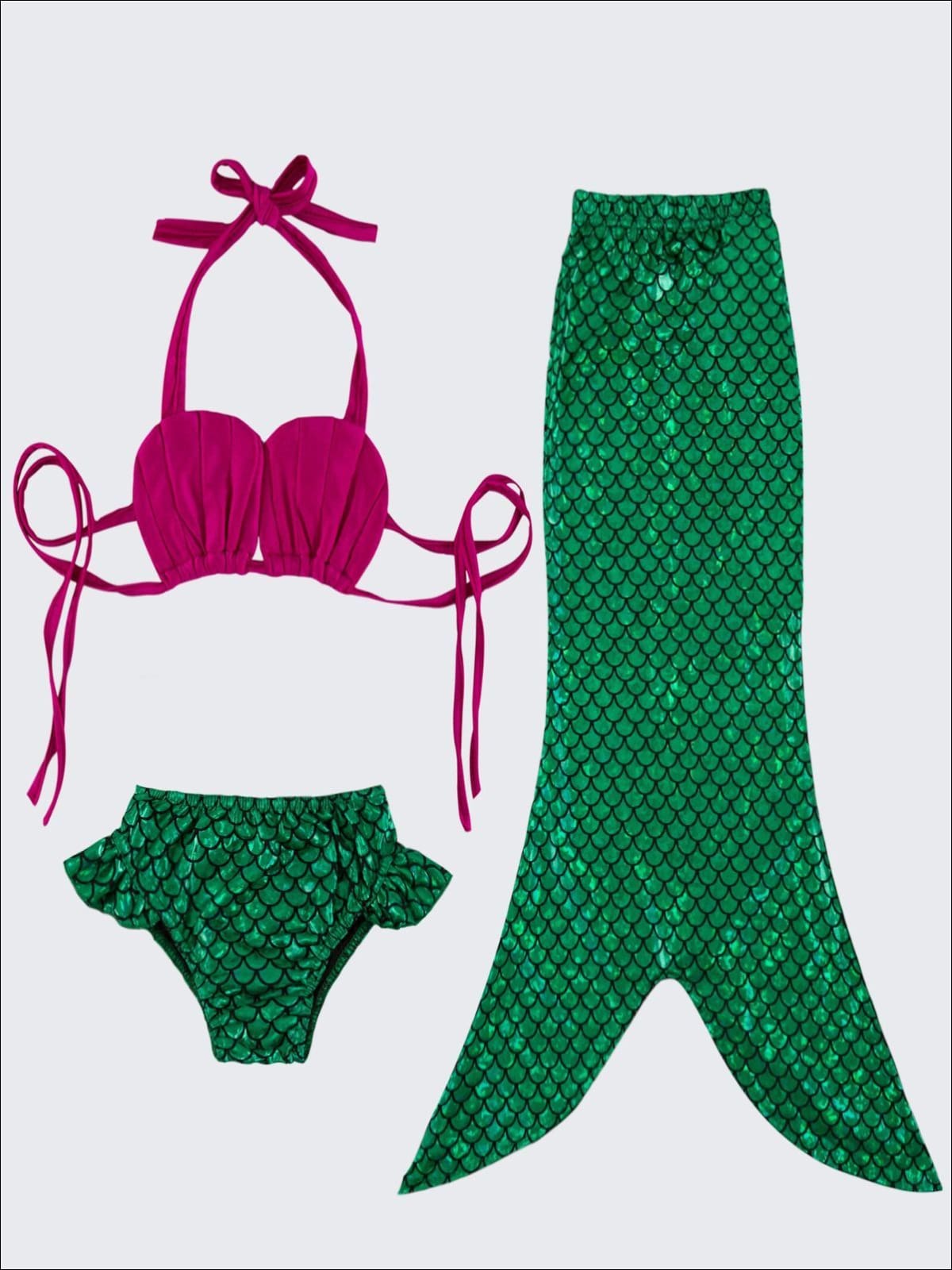 Girls Pink Sweetheart Top Ruffled Mermaid Bikini With Tail Skirt - Green / 3T - Girls Mermaid Swimsuit