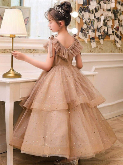Little Girls Party Dresses | Tan Sequin Tiered Ruffle Tulle Gown