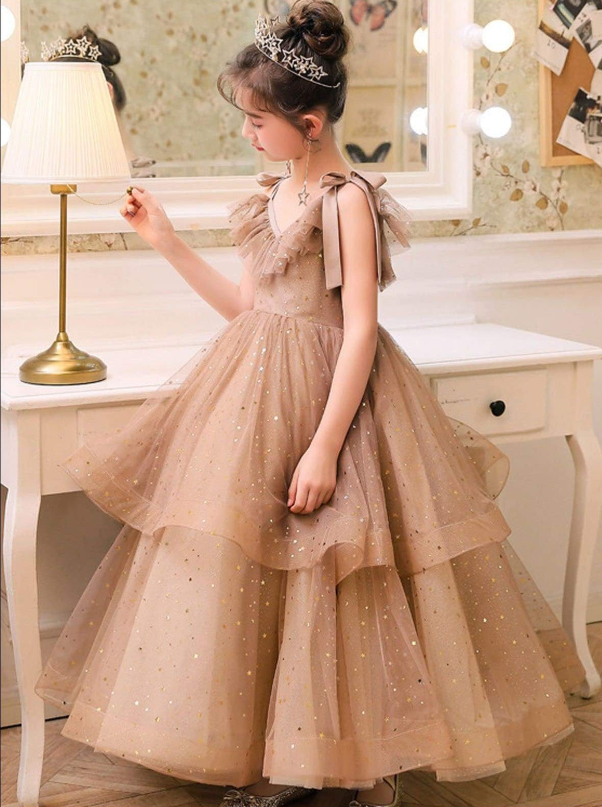 Little Girls Party Dresses | Tan Sequin Tiered Ruffle Tulle Gown