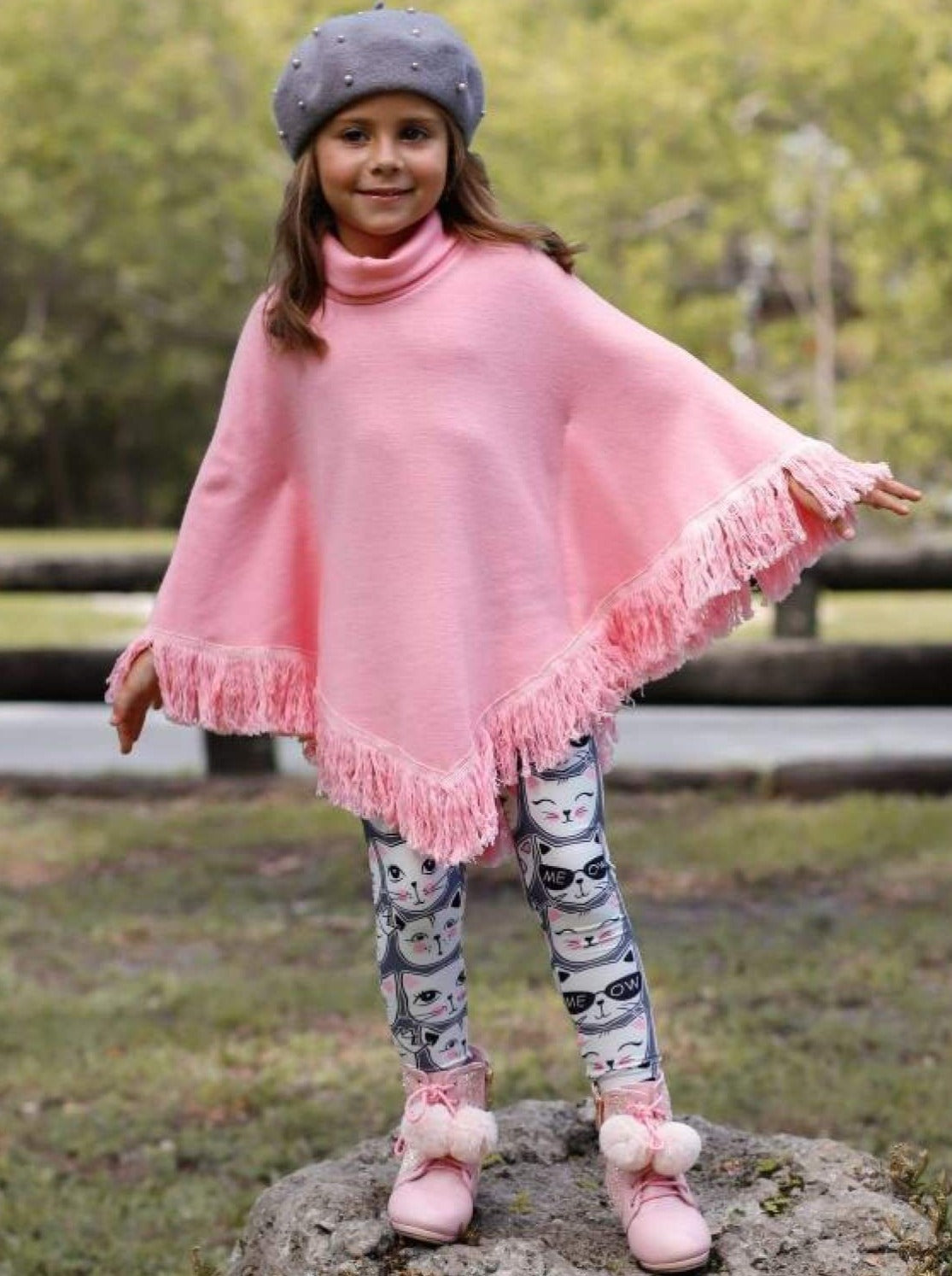 Girls Pink Turtle Neck Sweater Fringe Poncho & Kitty Print Leggings Set - Girls Fall Casual Set