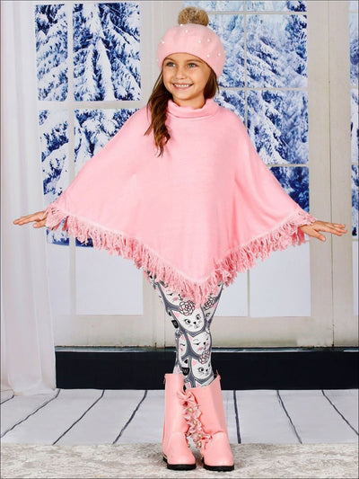 Girls Pink Turtle Neck Sweater Fringe Poncho & Kitty Print Leggings Set - Girls Fall Casual Set