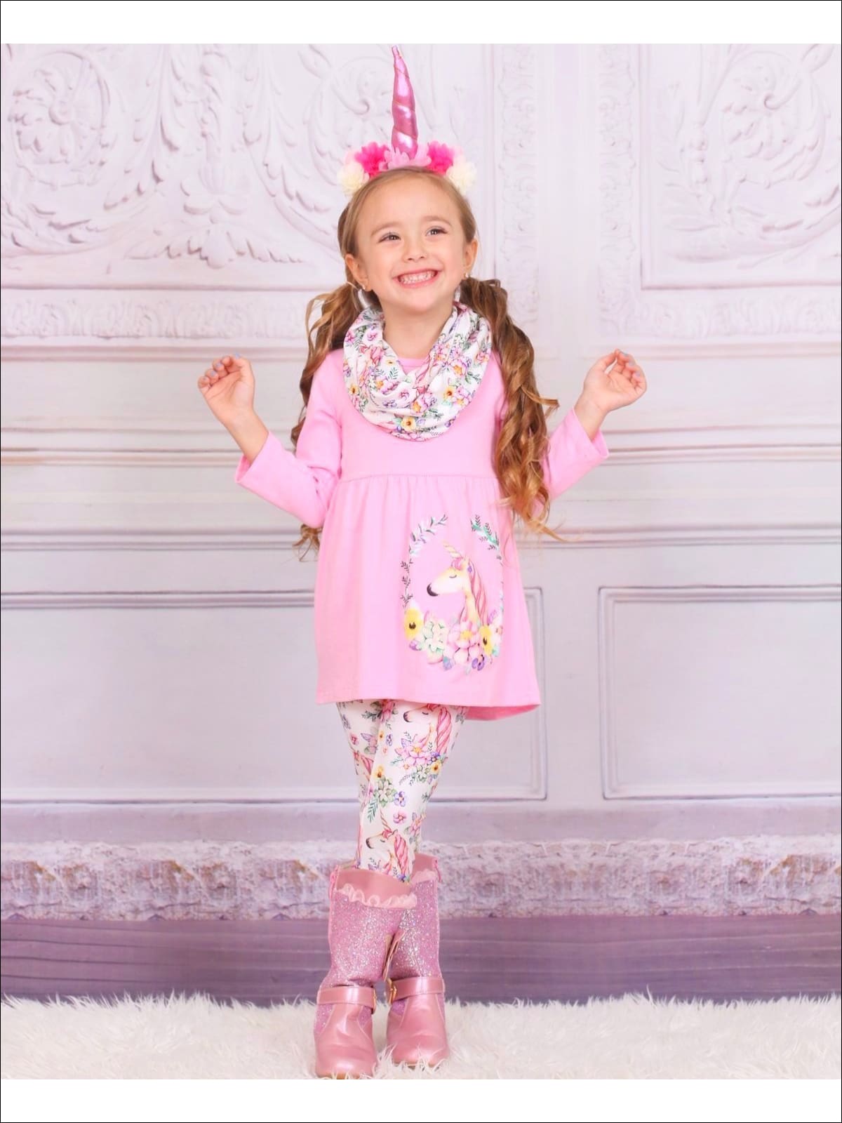 Girls Pink Unicorn Print Tunic Leggings & Scarf Set - Girls Fall Casual Set