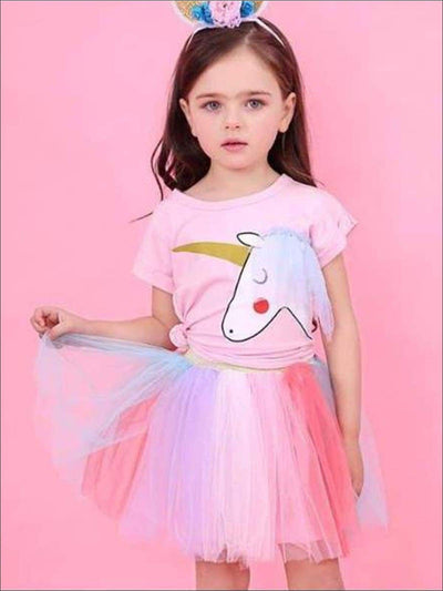 Girls Cute Outfit Ideas | Bashful Unicorn Rainbow Top & Tutu Skirt Set