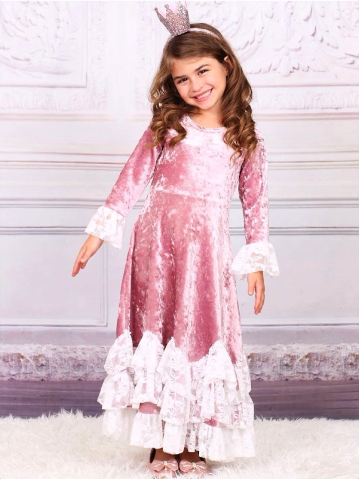 Girls Pink Velvet Princess Maxi Holiday Dress with Lace Ruffled Waves - Girls Spring Dressy Dress