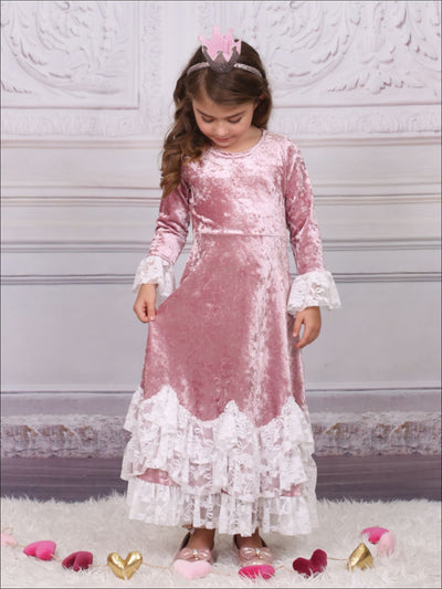 Girls Pink Velvet Princess Maxi Holiday Dress with Lace Ruffled Waves - Girls Spring Dressy Dress