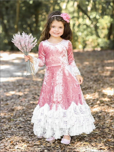 Girls Pink Velvet Princess Maxi Holiday Dress with Lace Ruffled Waves - Pink / 2T/3T - Girls Spring Dressy Dress