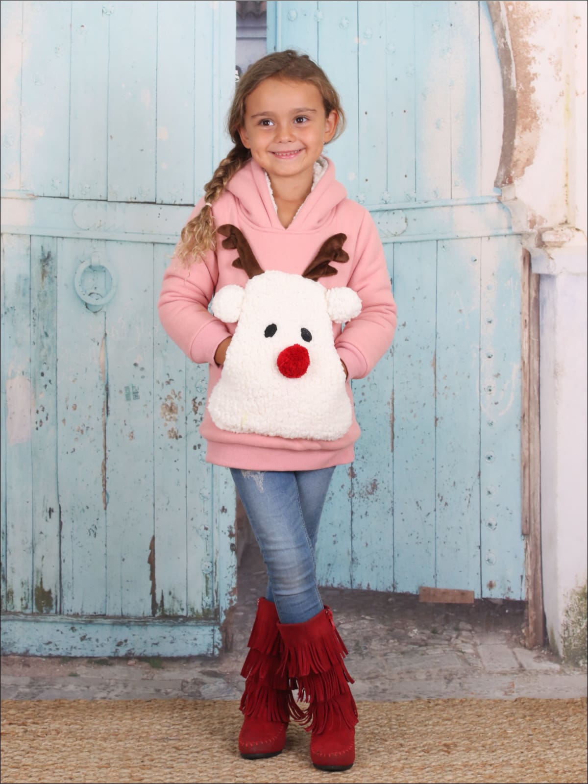 Girls Pink Warm & Cozy Fleece Lined Reindeer Hoodie - Girls Sweater