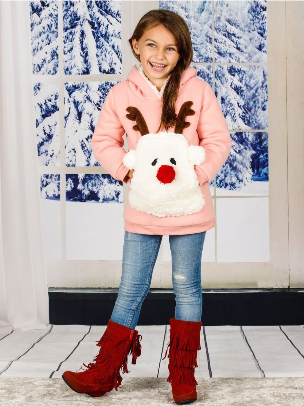 Girls Pink Warm & Cozy Fleece Lined Reindeer Hoodie - Girls Sweater