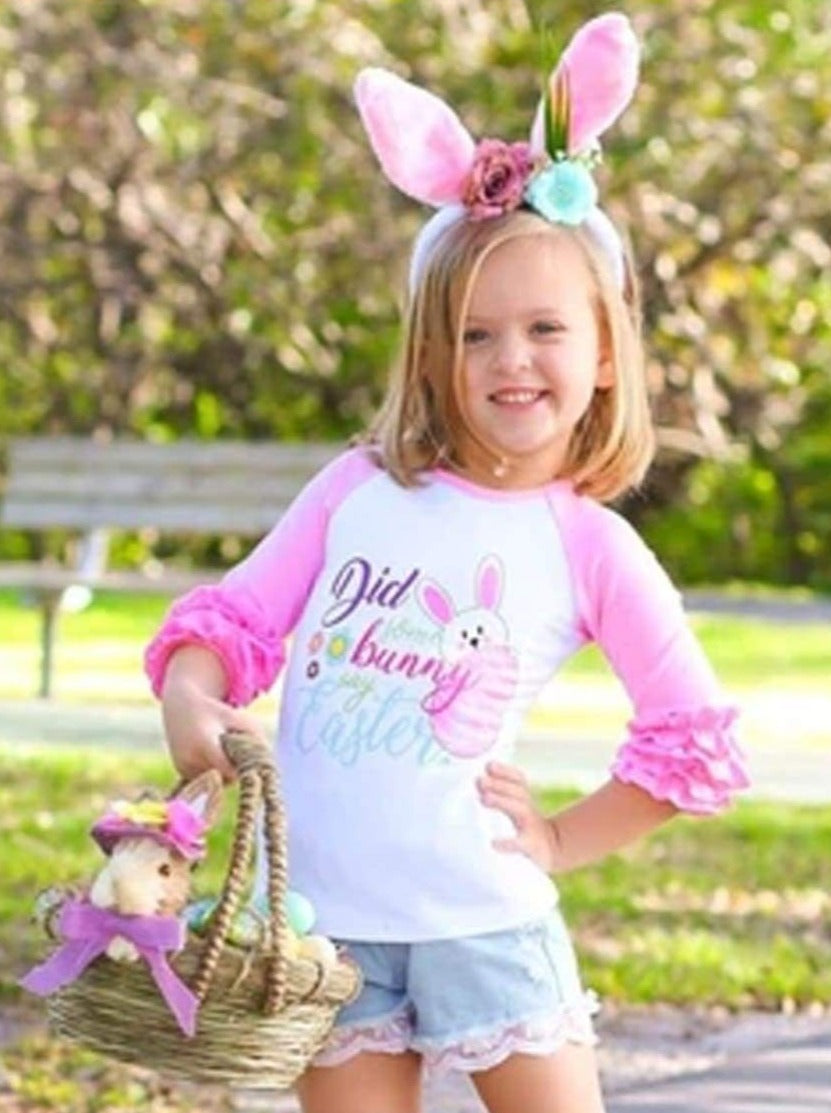 Kids Easter Tops | Girls Did Some Bunny Say Eater Ruffle Raglan Top