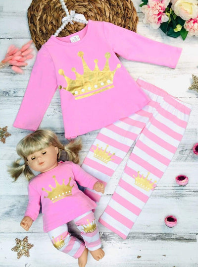 Girls Pink & White Long Sleeve Gold Crown Top & Striped Leggings Set with Matching Doll Set - Girls Fall Casual Set