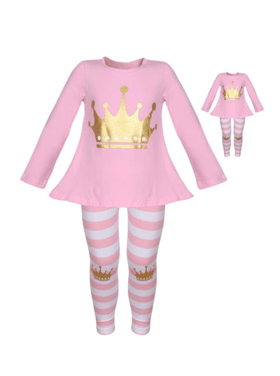 Girls Pink & White Long Sleeve Gold Crown Top & Striped Leggings Set with Matching Doll Set - Pink / XS-2T - Girls Fall Casual Set