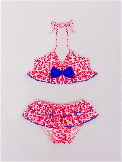 Girls Pink/Blue Animal Print Skirted Bikini with Bow - Girls Two Piece Swimsuit