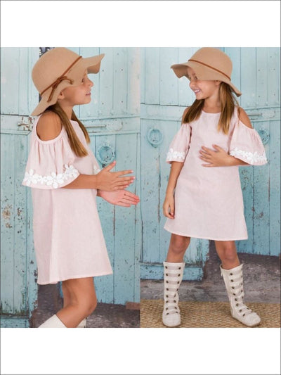 Girls Pink/White Striped Cold Shoulder Bell Sleeve Dress - Girls Fall Dress