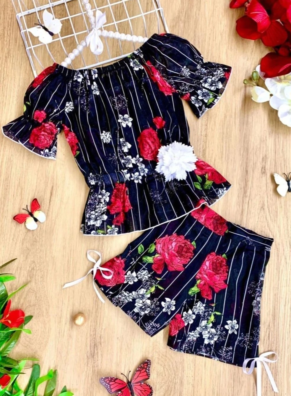 Toddler Spring Outfits | Girls Pinstripe Floral Top & Shorts Set