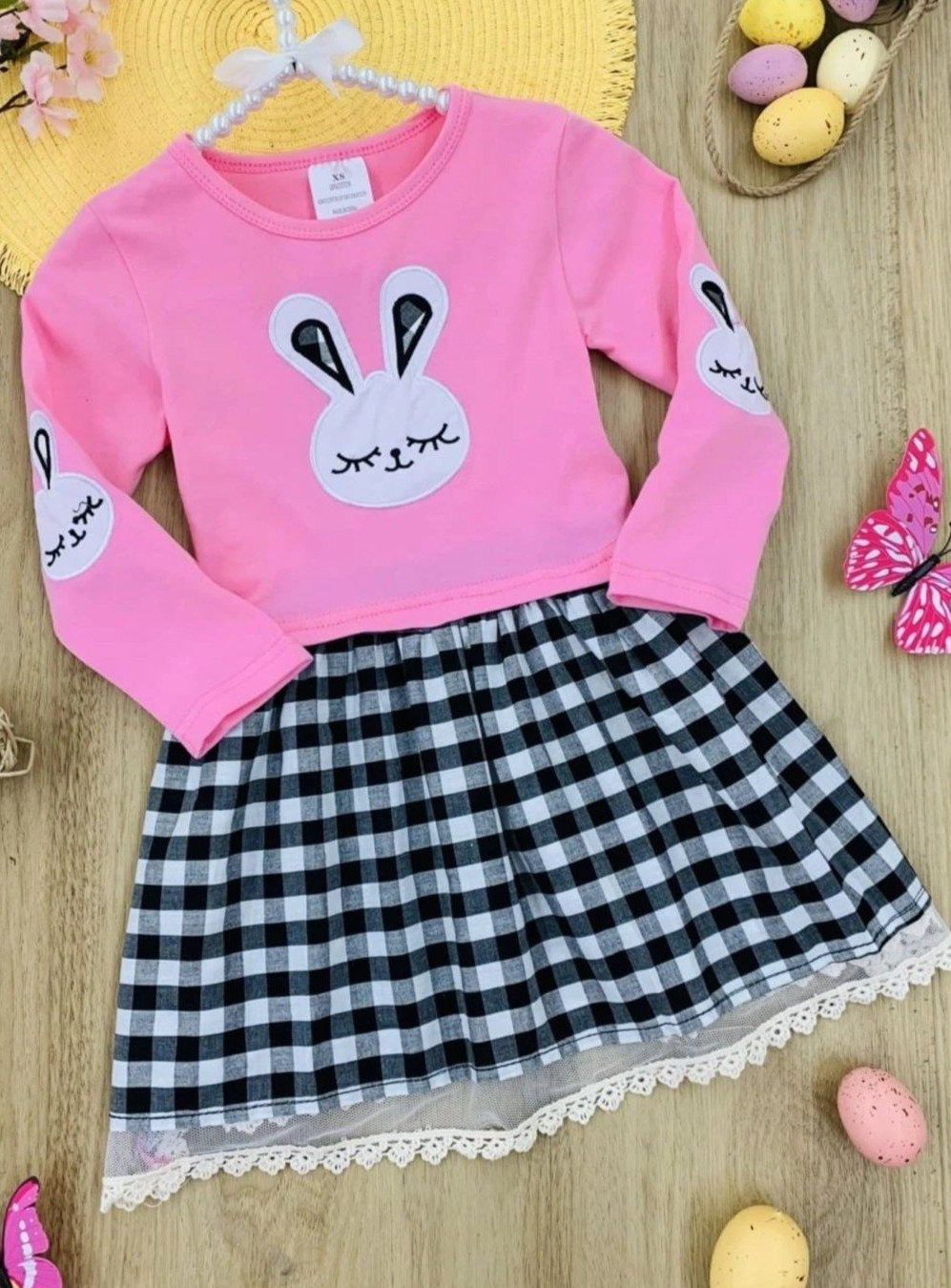 Kids Causal Easter Dresses | Girls Plaid Bunny Print Lace Hem Dress