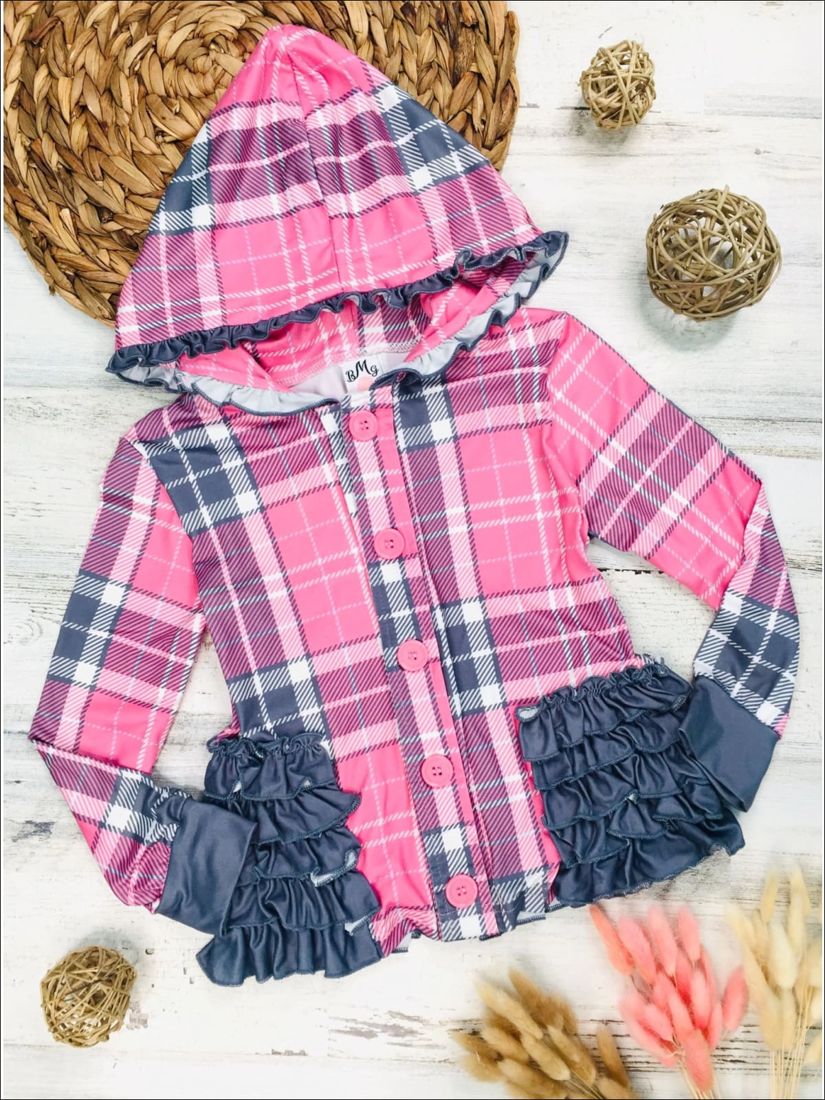 Girls Plaid Button Down Hooded Cardigan with Side Ruffles - Girls Sweater