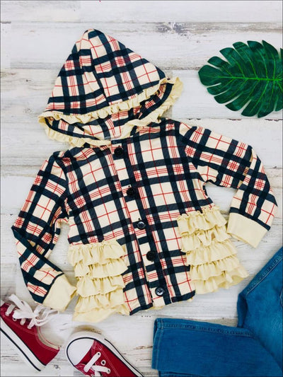 Girls Plaid Button Down Hooded Cardigan with Side Ruffles - Girls Sweater