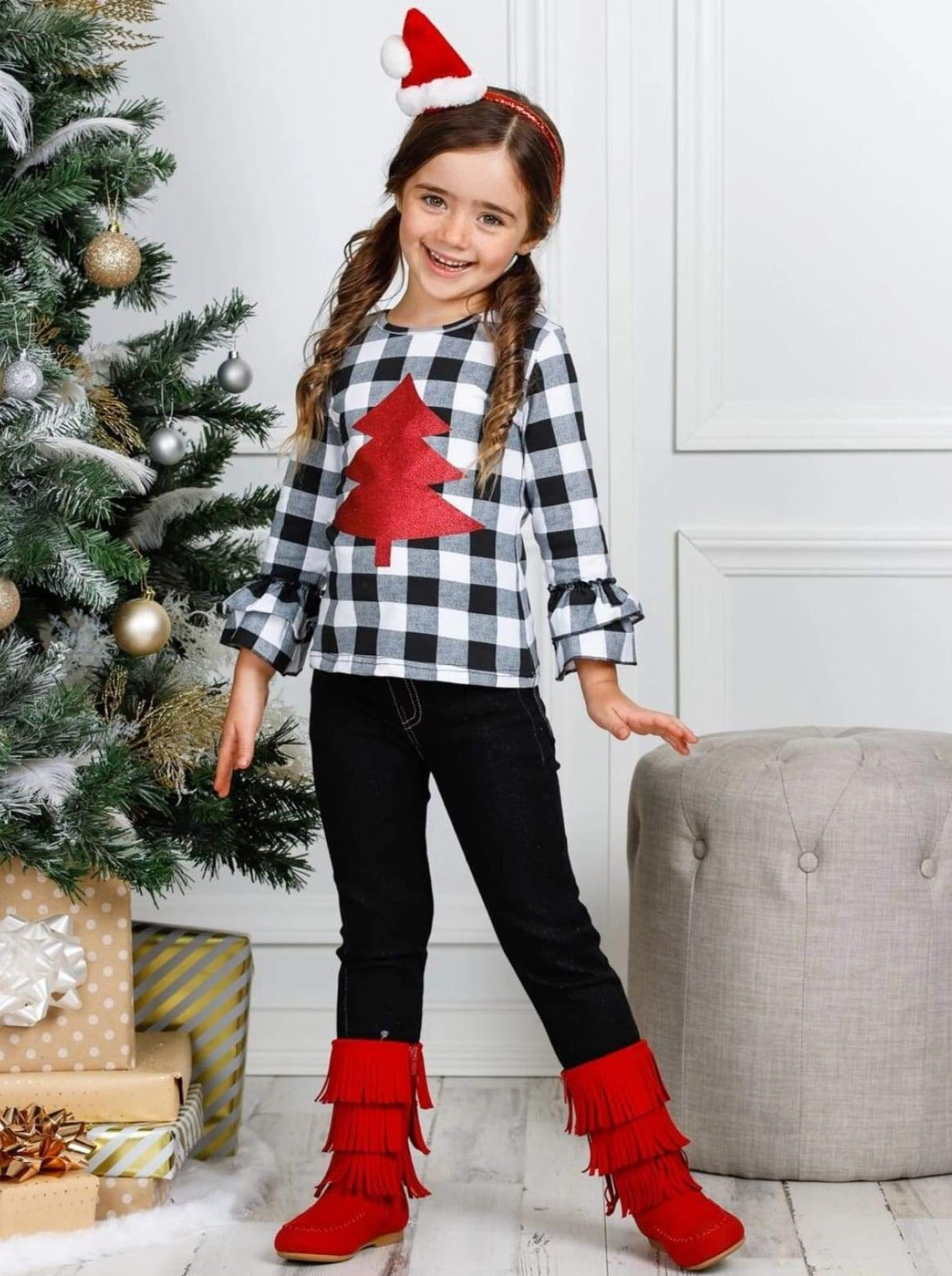Cute Winter Sets | Girls Plaid Christmas Tree Top & Cuffed Jeans Set