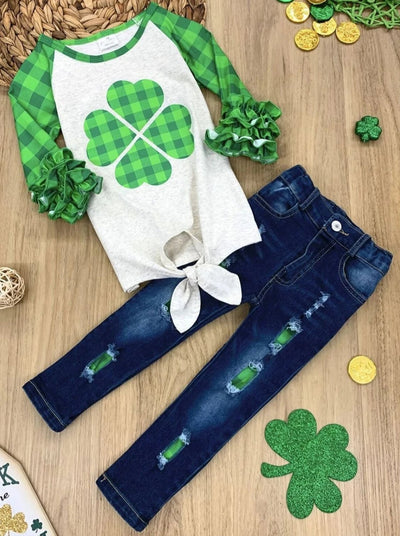 St. Patrick's Day Clothes | Clover Raglan Knot Hem Top & Patched Jeans