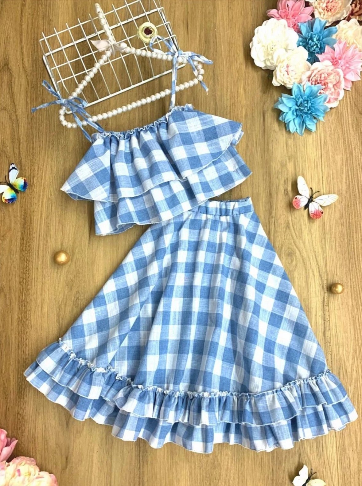 Girls Plaid Double Ruffle Crop Top and Maxi Skirt Set - Blue / 2T/3T - Girls Spring Casual Set