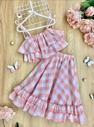 Girls Plaid Double Ruffle Crop Top and Maxi Skirt Set - Pink / 2T/3T - Girls Spring Casual Set