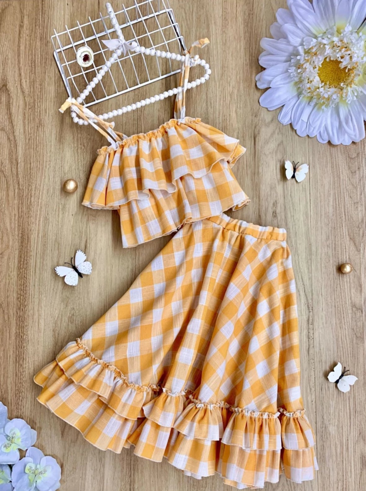 Girls Plaid Double Ruffle Crop Top and Maxi Skirt Set - Yellow / 2T/3T - Girls Spring Casual Set