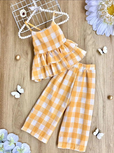 Girls Plaid Double Ruffle Top and Pants Set - Yellow / 2T/3T - Girls Spring Casual Set