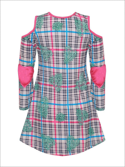 Girls Plaid Heart Print Hi-Lo Long Sleeve Cold Shoulder Tunic with Heart Elbow Patches - Girls Fall Top
