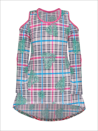 Girls Plaid Heart Print Hi-Lo Long Sleeve Cold Shoulder Tunic with Heart Elbow Patches - Girls Fall Top