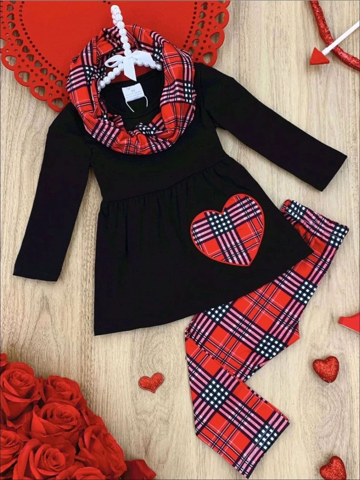 Girls Plaid Heart Tunic Leggings and Scarf Set - Red / 2T - Girls Fall Casual Set