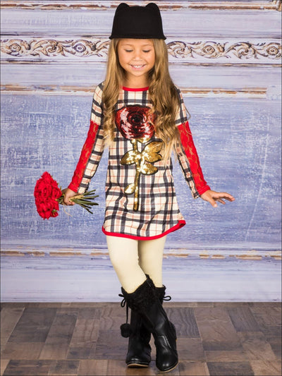 Girls Plaid Long Lace Patch Sleeve Tunic with Sequin Rose Applique & Matching Leggings Set - Girls Fall Casual Set
