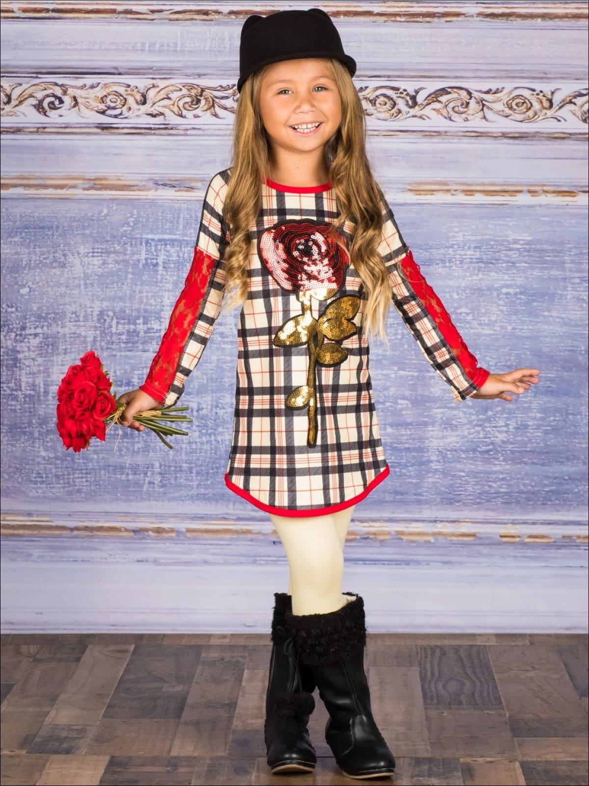 Girls Plaid Long Lace Patch Sleeve Tunic with Sequin Rose Applique & Matching Leggings Set - Beige / 2T/3T - Girls Fall Casual Set