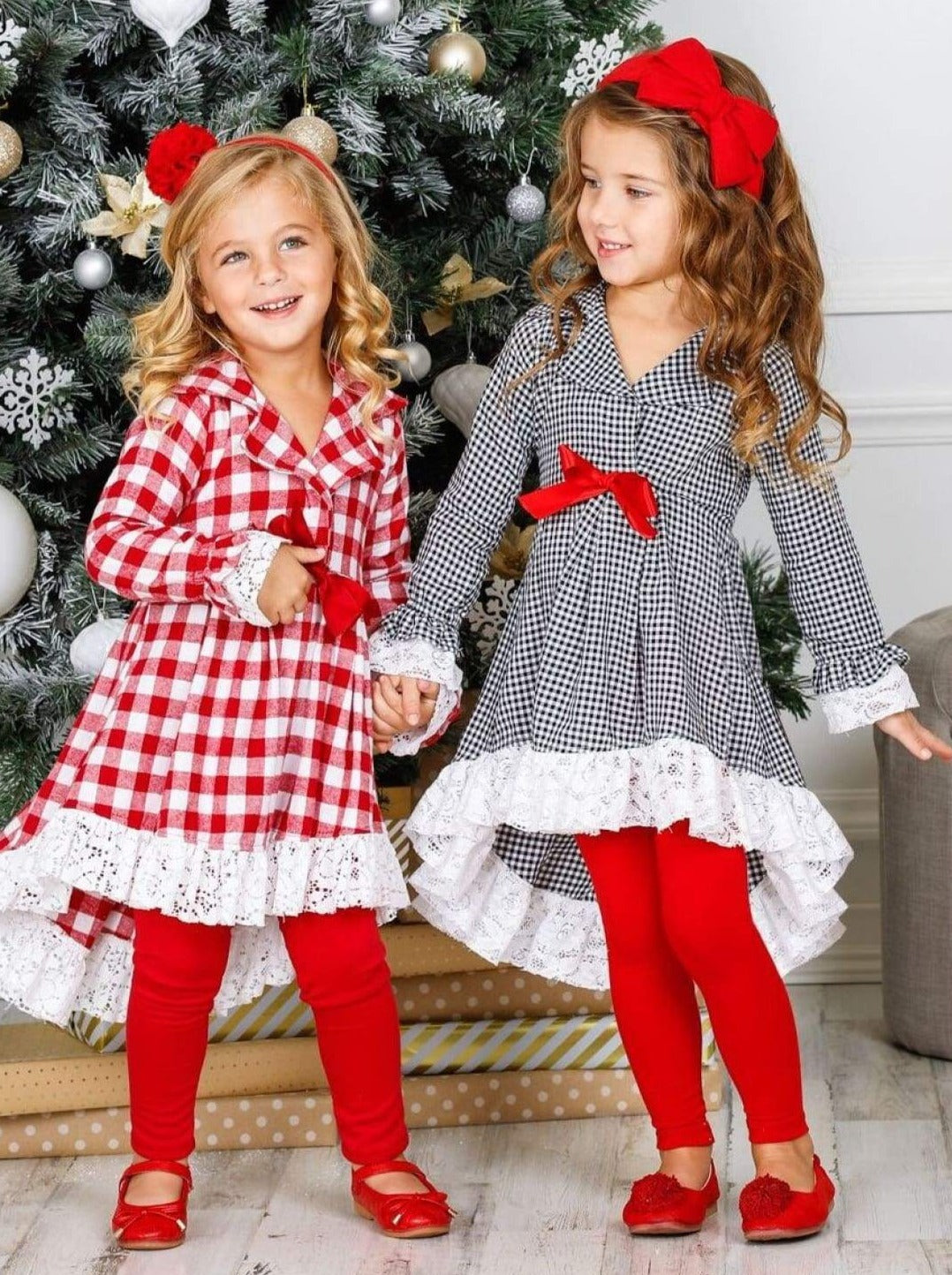 Girls Plaid Long Sleeve Hi-Lo Collared Lace Ruffle Blazer Tunic & Leggings Set - Girls Fall Dressy Set